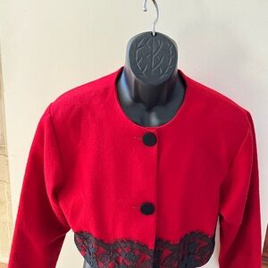Chic Red Women's Blazer with Lace Trim